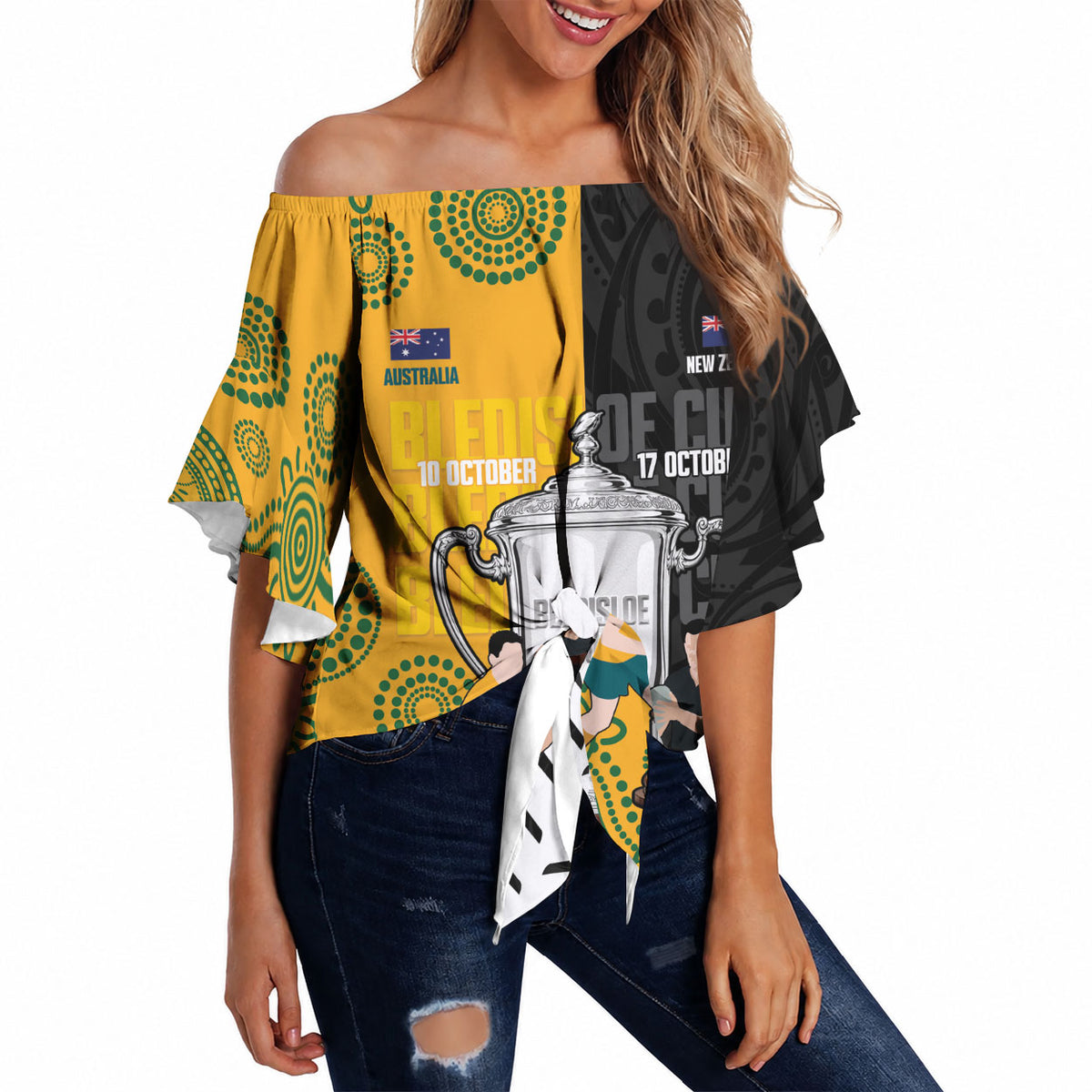 New Zealand Australia Rugby Bledisloe 2026 Custom Off Shoulder Wrap Waist Top Champion Trophy Maori Aboriginal Art LT14 Multicolor - Polynesian Pride