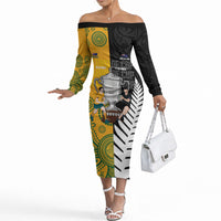 New Zealand Australia Rugby Bledisloe 2026 Custom Off The Shoulder Long Sleeve Dress Champion Trophy Maori Aboriginal Art LT14 Women Multicolor - Polynesian Pride