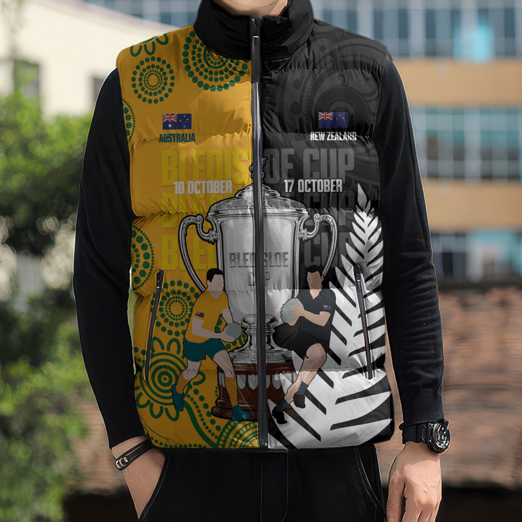 New Zealand Australia Rugby Bledisloe 2026 Custom Sleeveless Puffer Jacket Champion Trophy Maori Aboriginal Art LT14 - Polynesian Pride