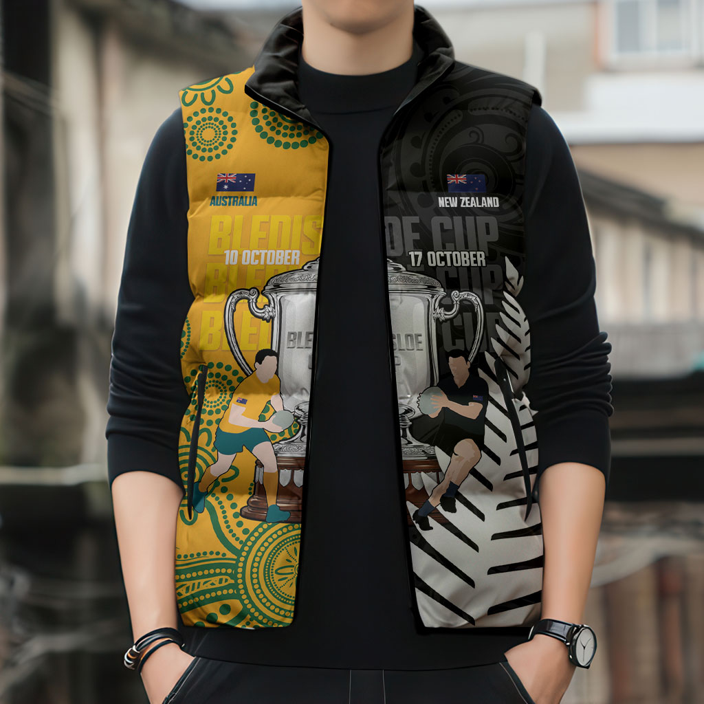 New Zealand Australia Rugby Bledisloe 2026 Custom Sleeveless Puffer Jacket Champion Trophy Maori Aboriginal Art LT14 - Polynesian Pride