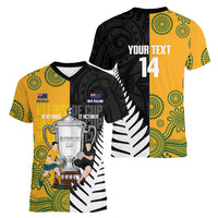 New Zealand Australia Rugby Bledisloe 2026 Custom Women V-Neck T-Shirt Champion Trophy Maori Aboriginal Art LT14 - Polynesian Pride