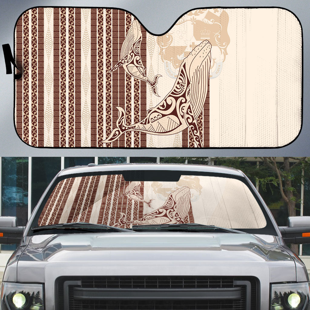 Swimming With Humpback Whales Season Tonga Auto Sun Shade Tongan Tofuaa Ngatu Pattern Brown LT14 Brown - Polynesian Pride
