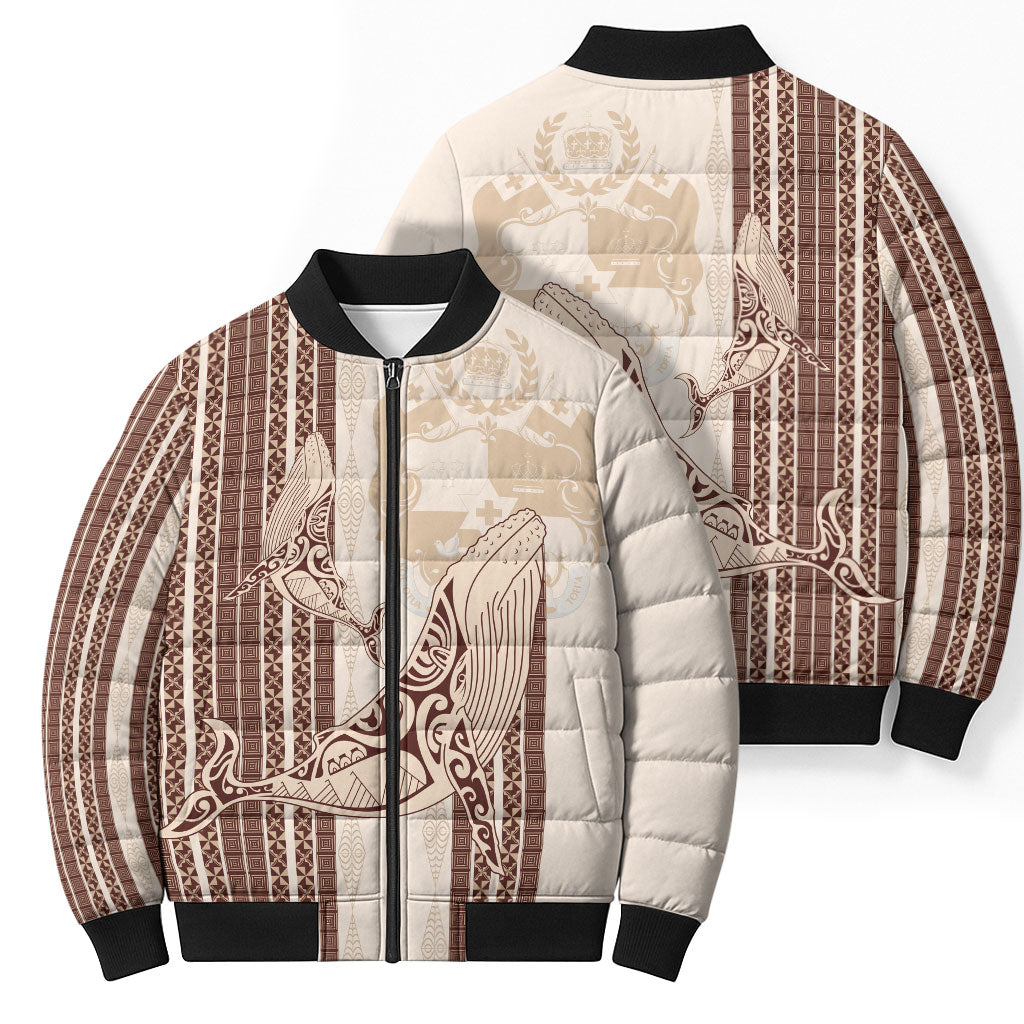 Swimming With Humpback Whales Season Tonga Bomber Puffer Jacket Tongan Tofuaa Ngatu Pattern Brown LT14 - Polynesian Pride