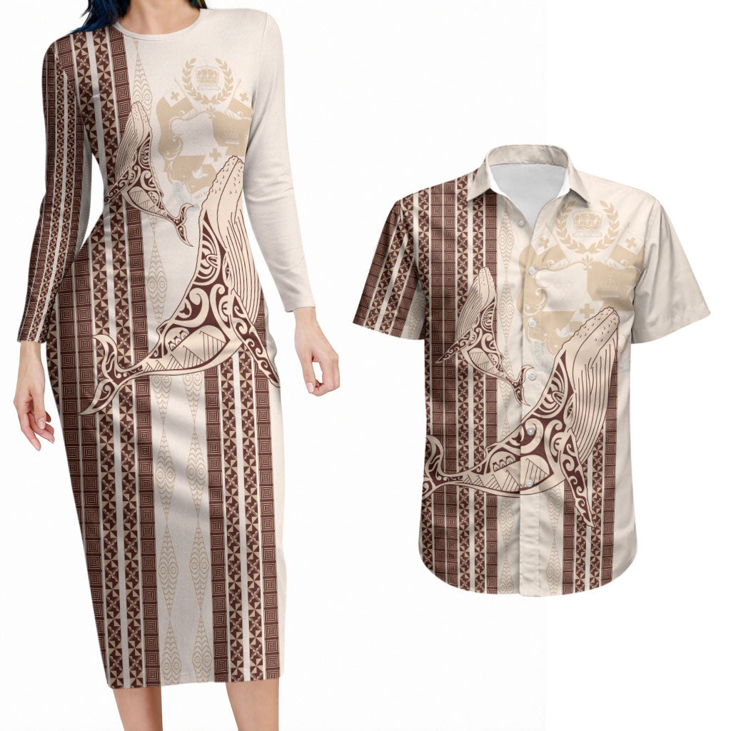 Swimming With Humpback Whales Season Tonga Couples Matching Long Sleeve Bodycon Dress and Hawaiian Shirt Tongan Tofuaa Ngatu Pattern Brown LT14 Brown - Polynesian Pride