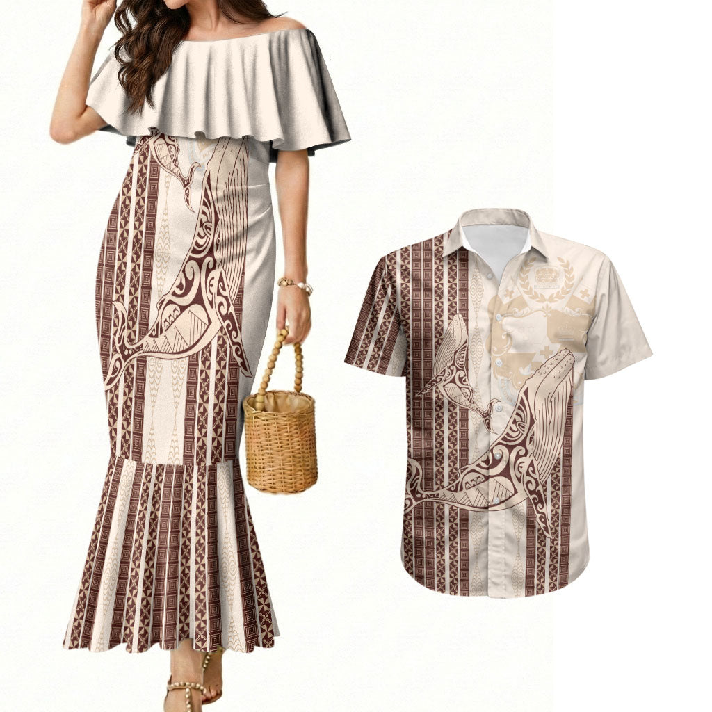 Swimming With Humpback Whales Season Tonga Couples Matching Mermaid Dress and Hawaiian Shirt Tongan Tofuaa Ngatu Pattern Brown LT14 Brown - Polynesian Pride