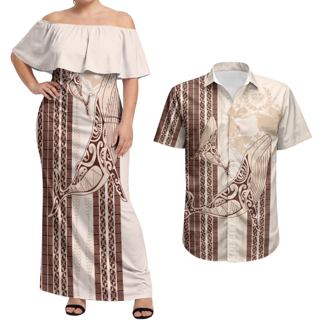 Swimming With Humpback Whales Season Tonga Couples Matching Off Shoulder Maxi Dress and Hawaiian Shirt Tongan Tofuaa Ngatu Pattern Brown LT14 Brown - Polynesian Pride