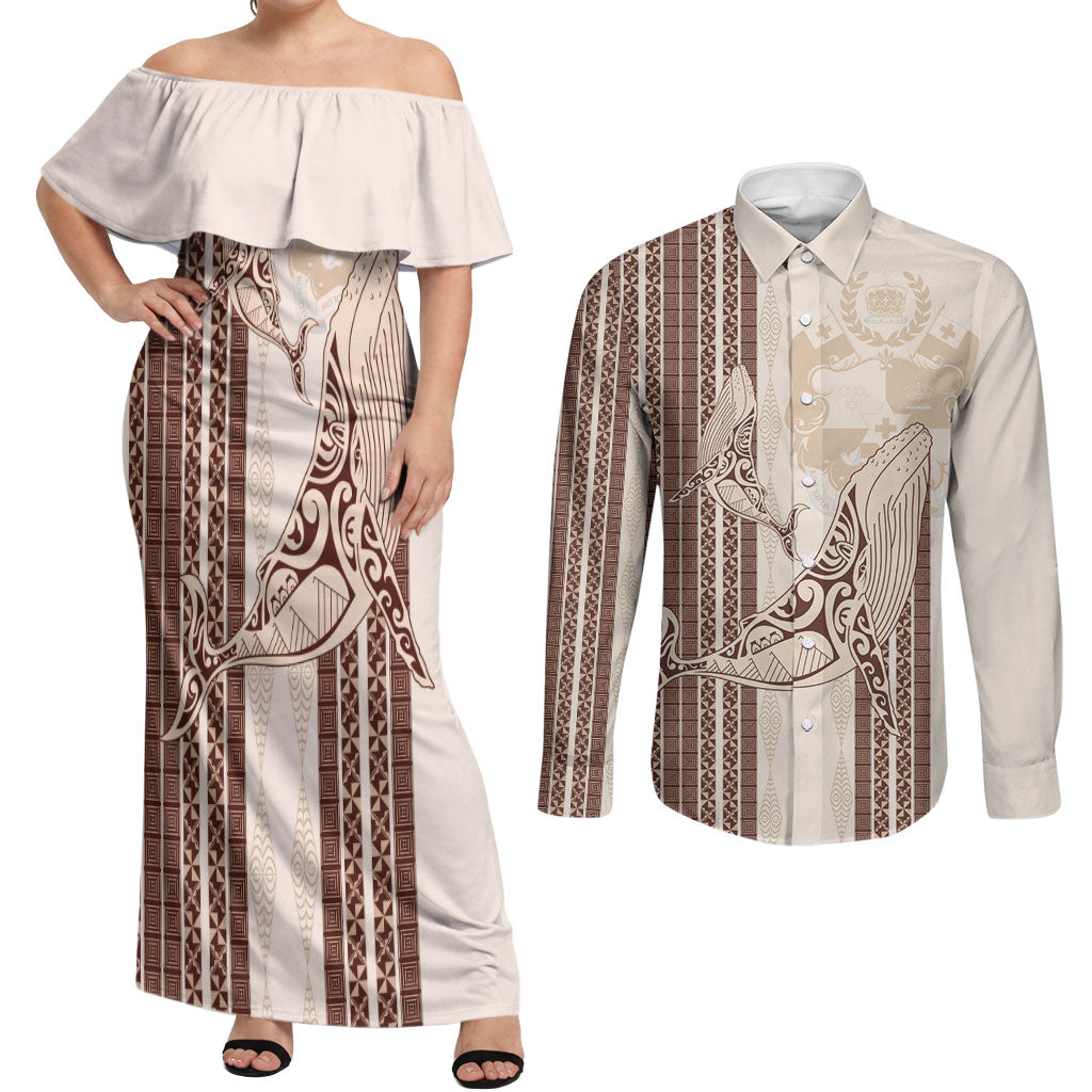 Swimming With Humpback Whales Season Tonga Couples Matching Off Shoulder Maxi Dress and Long Sleeve Button Shirt Tongan Tofuaa Ngatu Pattern Brown LT14 Brown - Polynesian Pride