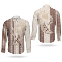 Swimming With Humpback Whales Season Tonga Couples Matching Off Shoulder Short Dress and Long Sleeve Button Shirt Tongan Tofuaa Ngatu Pattern Brown LT14 - Polynesian Pride