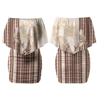 Swimming With Humpback Whales Season Tonga Couples Matching Off Shoulder Short Dress and Long Sleeve Button Shirt Tongan Tofuaa Ngatu Pattern Brown LT14 - Polynesian Pride