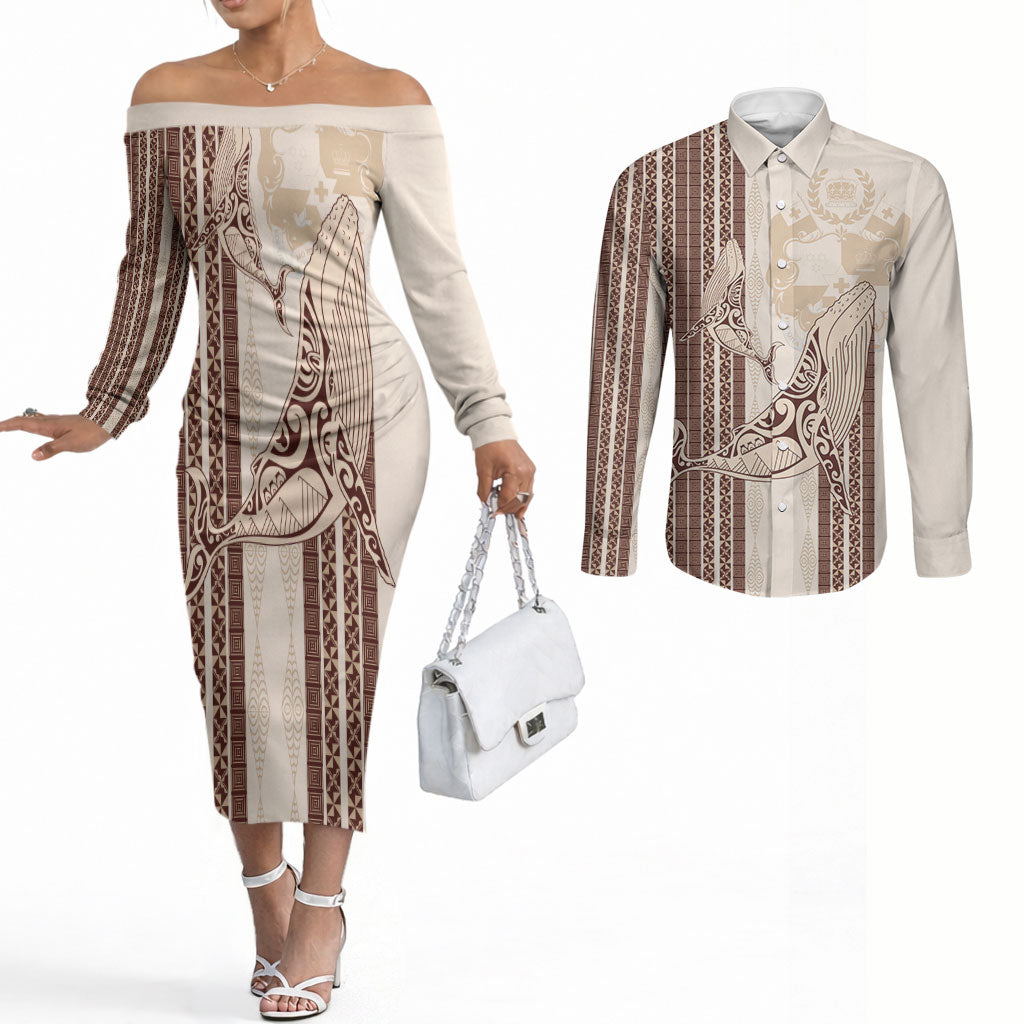 Swimming With Humpback Whales Season Tonga Couples Matching Off The Shoulder Long Sleeve Dress and Long Sleeve Button Shirt Tongan Tofuaa Ngatu Pattern Brown LT14 Brown - Polynesian Pride
