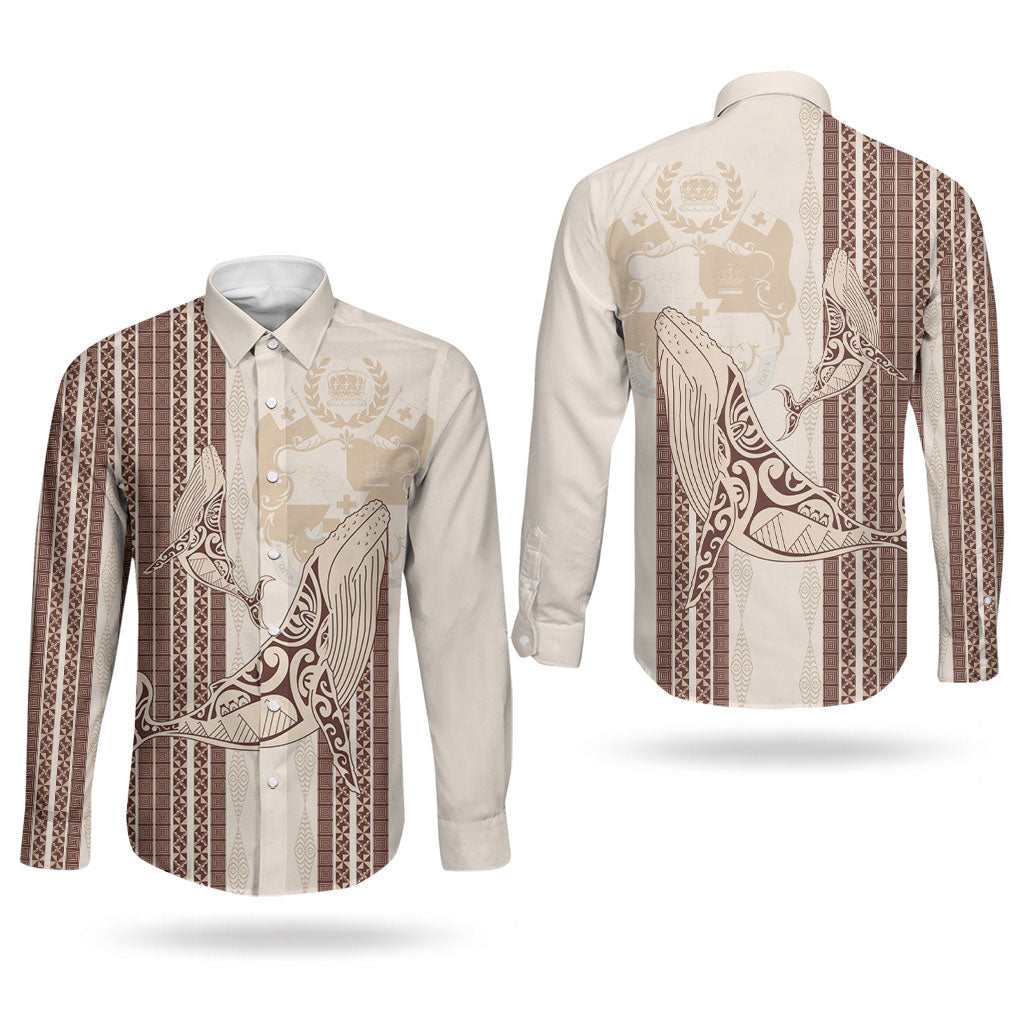 Swimming With Humpback Whales Season Tonga Couples Matching Puletasi and Long Sleeve Button Shirt Tongan Tofuaa Ngatu Pattern Brown LT14 - Polynesian Pride