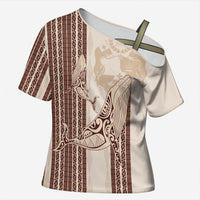 Swimming With Humpback Whales Season Tonga Cross Shoulder Shirt Tongan Tofuaa Ngatu Pattern Brown LT14 Female Brown - Polynesian Pride
