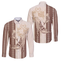 Swimming With Humpback Whales Season Tonga Family Matching Mermaid Dress and Hawaiian Shirt Tongan Tofuaa Ngatu Pattern Brown LT14 Dad's Shirt - Long Sleeve Brown - Polynesian Pride