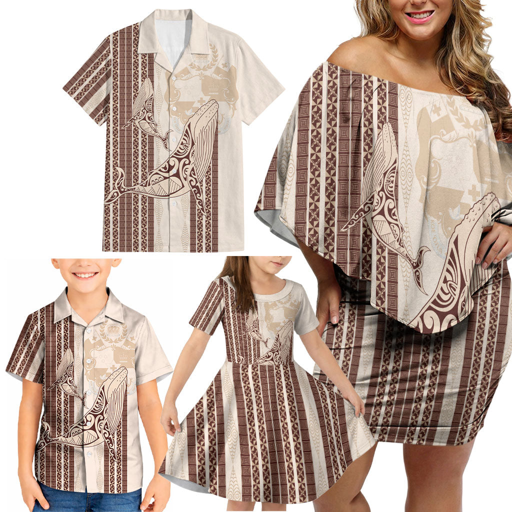 Swimming With Humpback Whales Season Tonga Family Matching Off Shoulder Short Dress and Hawaiian Shirt Tongan Tofuaa Ngatu Pattern Brown LT14 - Polynesian Pride