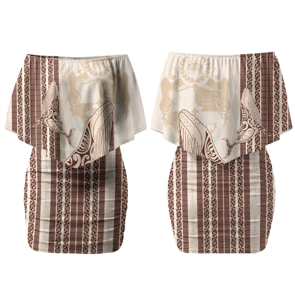 Swimming With Humpback Whales Season Tonga Family Matching Off Shoulder Short Dress and Hawaiian Shirt Tongan Tofuaa Ngatu Pattern Brown LT14 Mom's Dress Brown - Polynesian Pride