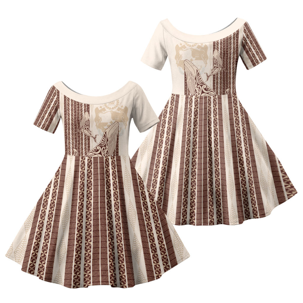 Swimming With Humpback Whales Season Tonga Family Matching Off Shoulder Short Dress and Hawaiian Shirt Tongan Tofuaa Ngatu Pattern Brown LT14 Daughter's Dress Brown - Polynesian Pride