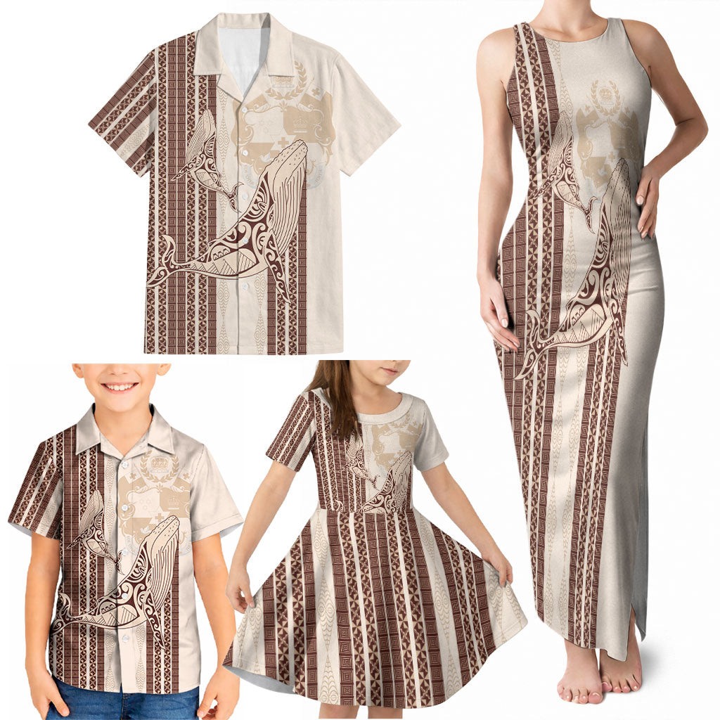 Swimming With Humpback Whales Season Tonga Family Matching Tank Maxi Dress and Hawaiian Shirt Tongan Tofuaa Ngatu Pattern Brown