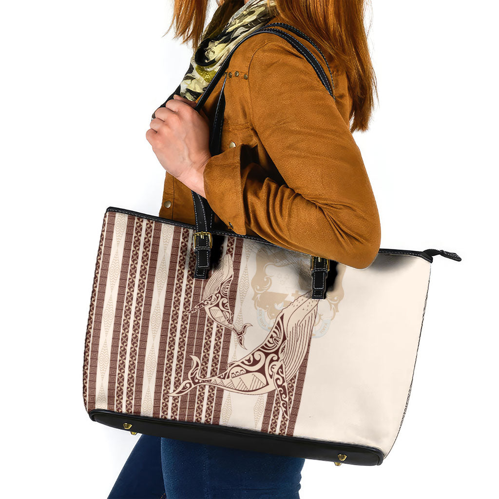 Swimming With Humpback Whales Season Tonga Leather Tote Bag Tongan Tofuaa Ngatu Pattern Brown LT14 Brown - Polynesian Pride