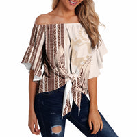 Swimming With Humpback Whales Season Tonga Off Shoulder Wrap Waist Top Tongan Tofuaa Ngatu Pattern Brown LT14 Brown - Polynesian Pride