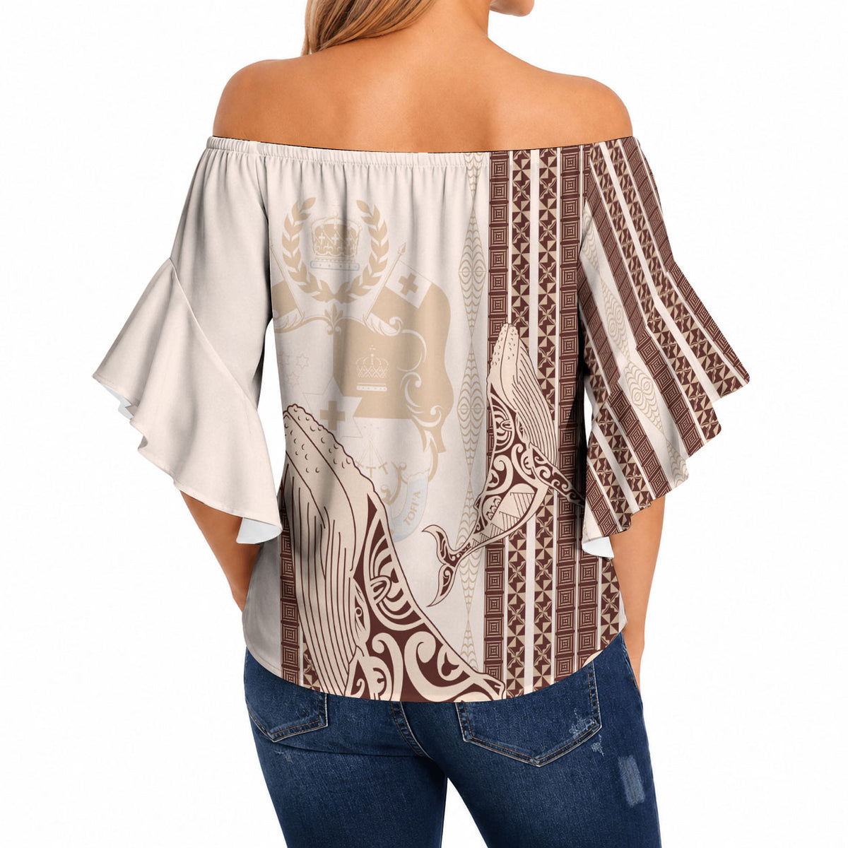 Swimming With Humpback Whales Season Tonga Off Shoulder Wrap Waist Top Tongan Tofuaa Ngatu Pattern Brown LT14 - Polynesian Pride