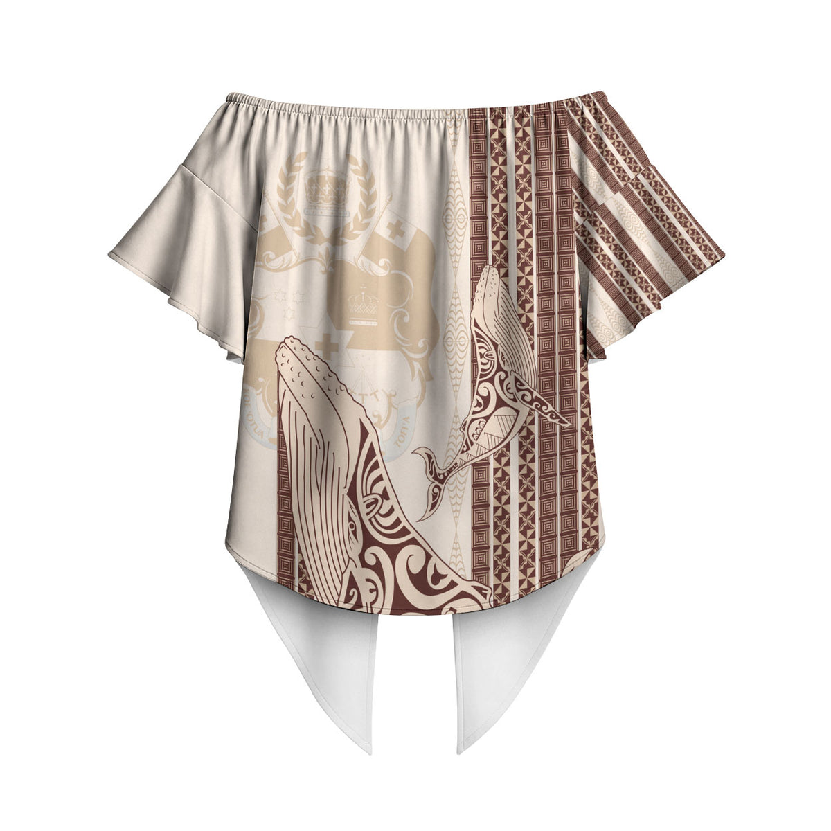 Swimming With Humpback Whales Season Tonga Off Shoulder Wrap Waist Top Tongan Tofuaa Ngatu Pattern Brown LT14 - Polynesian Pride