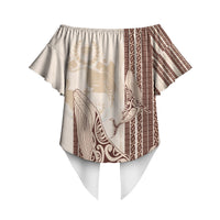 Swimming With Humpback Whales Season Tonga Off Shoulder Wrap Waist Top Tongan Tofuaa Ngatu Pattern Brown LT14 - Polynesian Pride