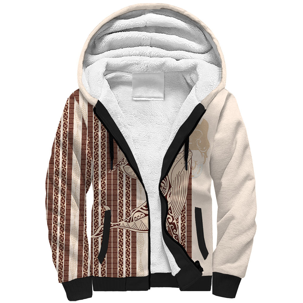 Swimming With Humpback Whales Season Tonga Sherpa Hoodie Tongan Tofuaa Ngatu Pattern Brown LT14 Unisex Brown - Polynesian Pride