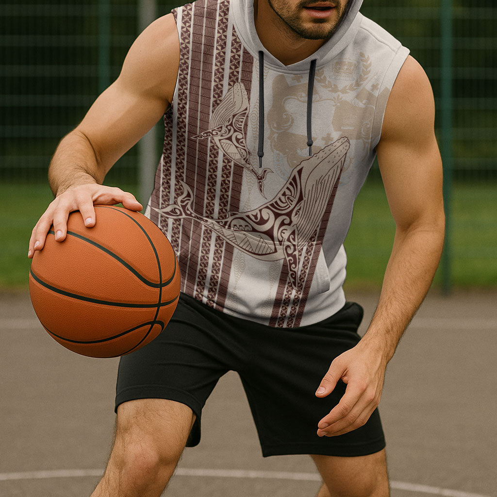 Swimming With Humpback Whales Season Tonga Sleeveless Hoodie Tongan Tofuaa Ngatu Pattern Brown LT14 - Polynesian Pride