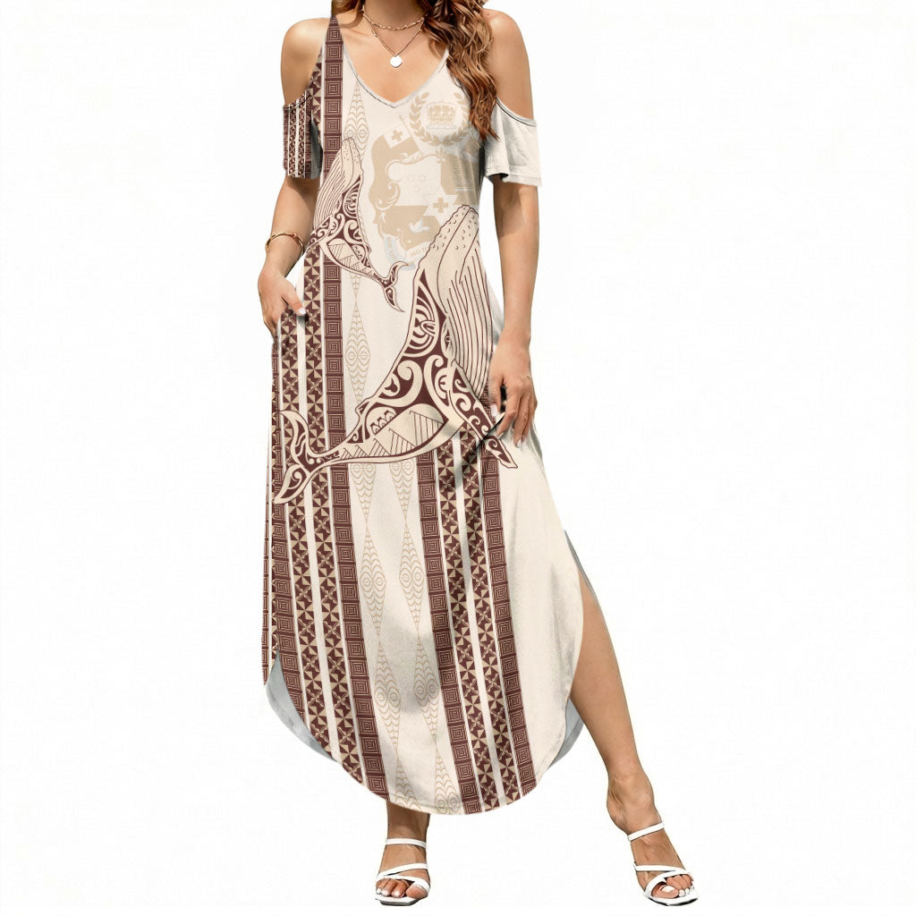 Swimming With Humpback Whales Season Tonga Summer Maxi Dress Tongan Tofuaa Ngatu Pattern Brown LT14 Women Brown - Polynesian Pride