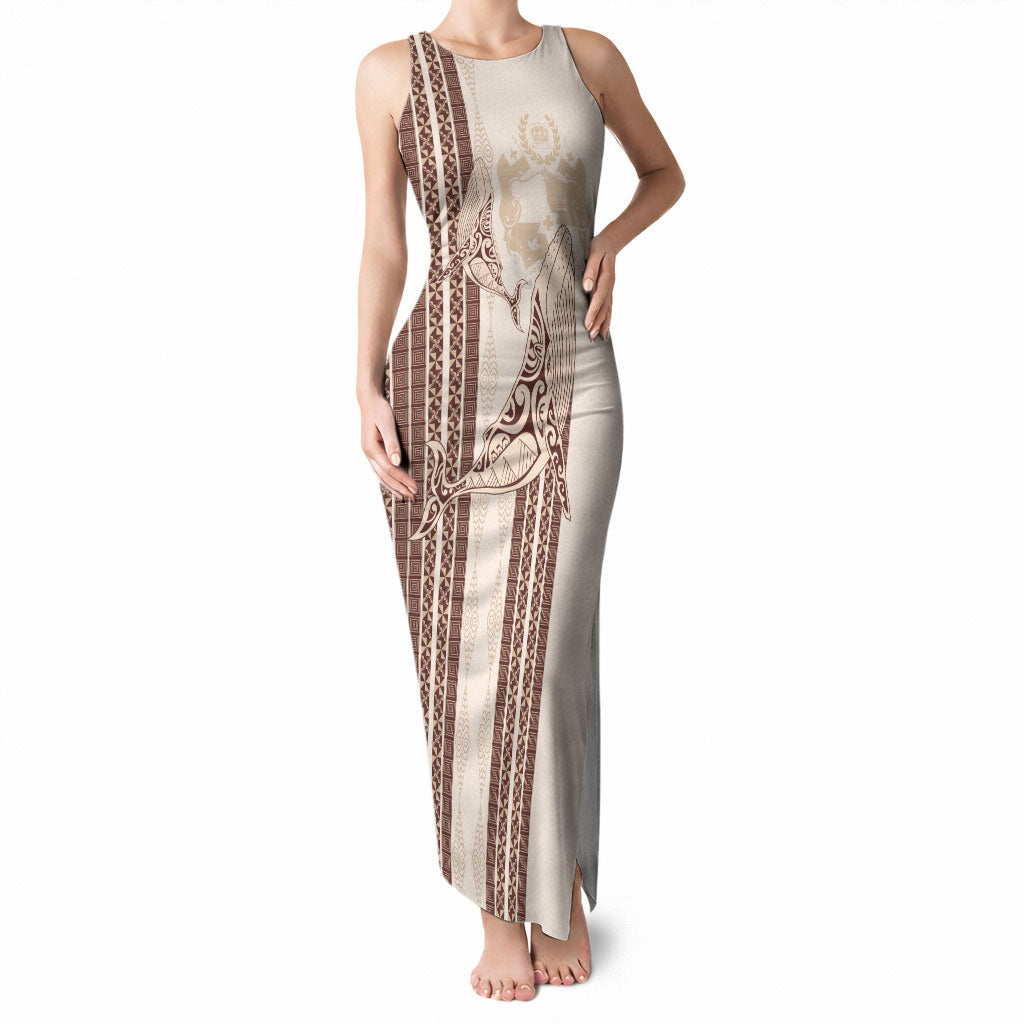 Swimming With Humpback Whales Season Tonga Tank Maxi Dress Tongan Tofuaa Ngatu Pattern Brown LT14 Women Brown - Polynesian Pride