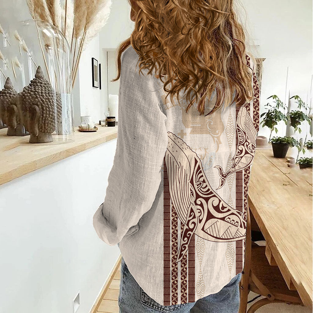 Swimming With Humpback Whales Season Tonga Women Casual Shirt Tongan Tofuaa Ngatu Pattern Brown LT14 - Polynesian Pride