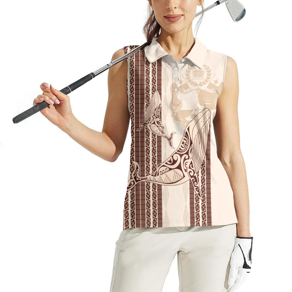 Swimming With Humpback Whales Season Tonga Women Sleeveless Polo Shirt Tongan Tofuaa Ngatu Pattern Brown LT14 - Polynesian Pride