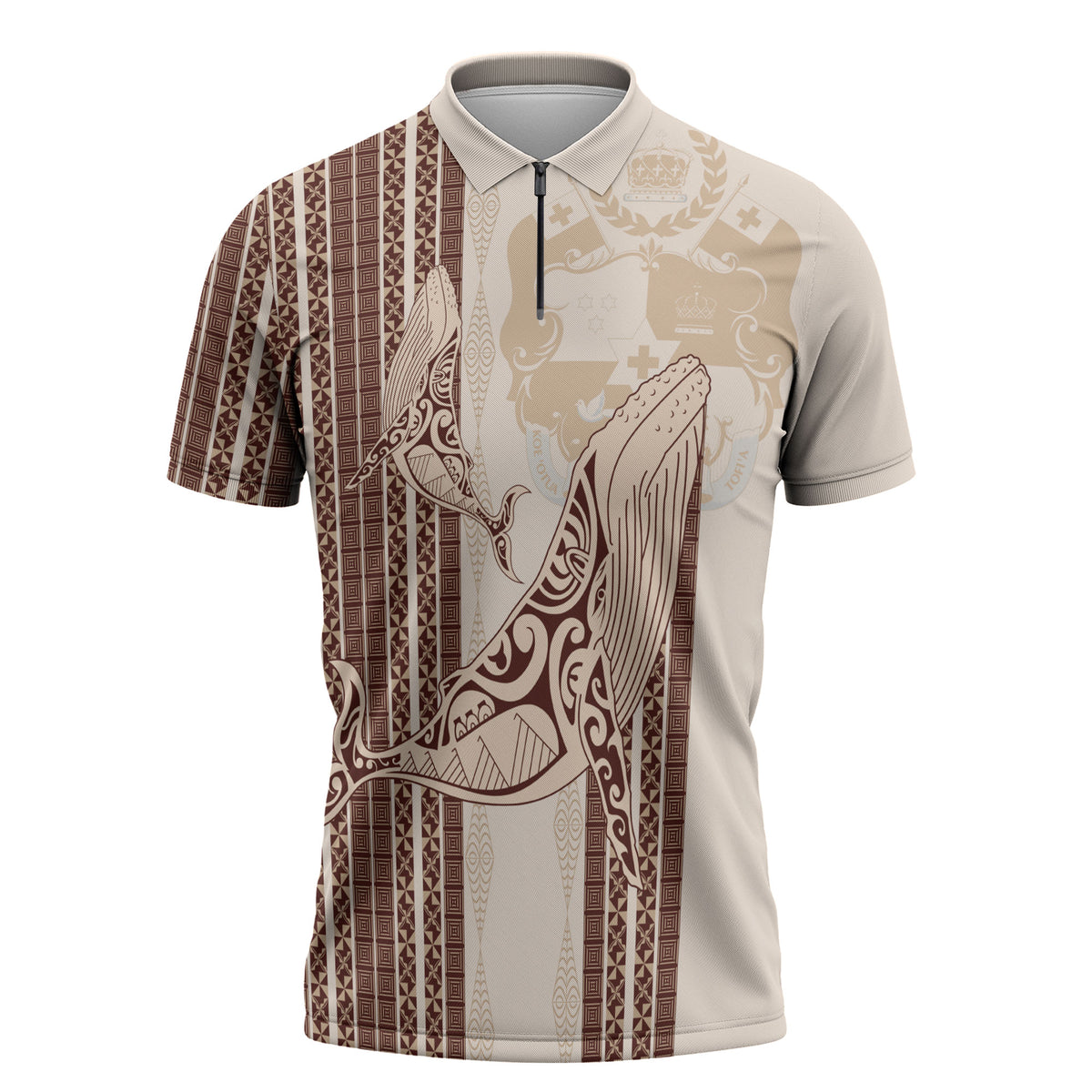 Swimming With Humpback Whales Season Tonga Zipper Polo Shirt Tongan Tofuaa Ngatu Pattern Brown LT14 Brown - Polynesian Pride