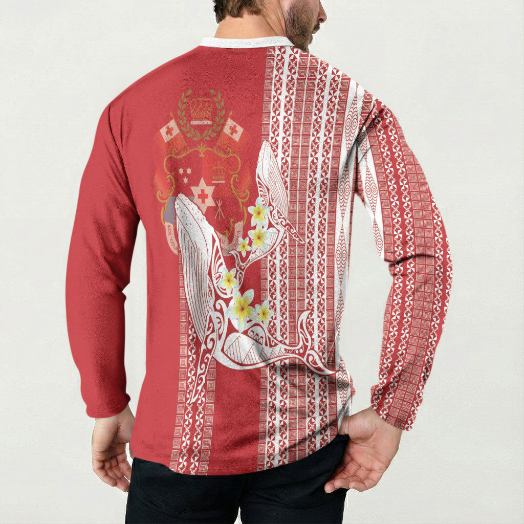 Swimming With Humpback Whales Season Tonga Button Sweatshirt Tongan Tofuaa Ngatu Pattern Red LT14 - Polynesian Pride