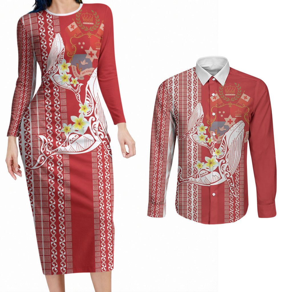 Swimming With Humpback Whales Season Tonga Couples Matching Long Sleeve Bodycon Dress and Long Sleeve Button Shirt Tongan Tofuaa Ngatu Pattern Red LT14 Red - Polynesian Pride