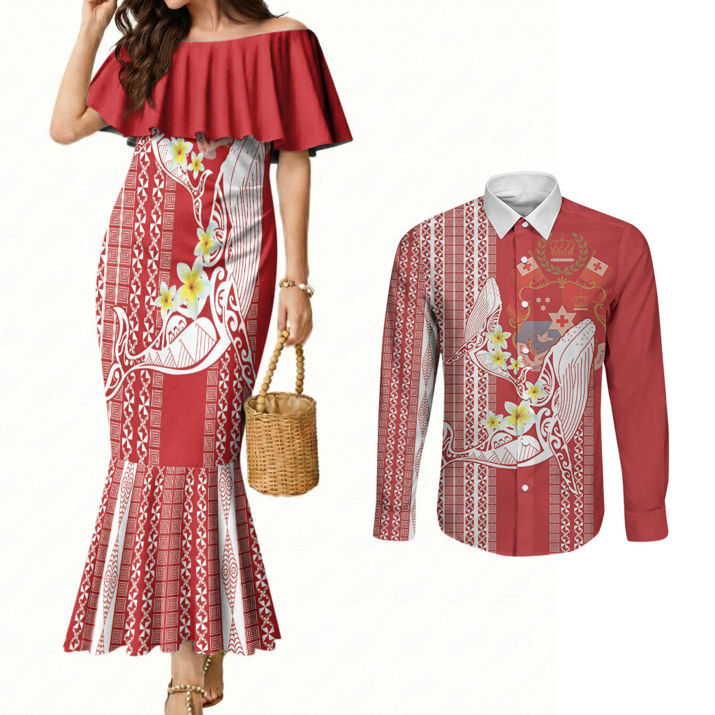 Swimming With Humpback Whales Season Tonga Couples Matching Mermaid Dress and Long Sleeve Button Shirt Tongan Tofuaa Ngatu Pattern Red