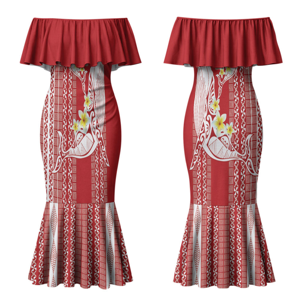 Swimming With Humpback Whales Season Tonga Couples Matching Mermaid Dress and Long Sleeve Button Shirt Tongan Tofuaa Ngatu Pattern Red LT14 - Polynesian Pride