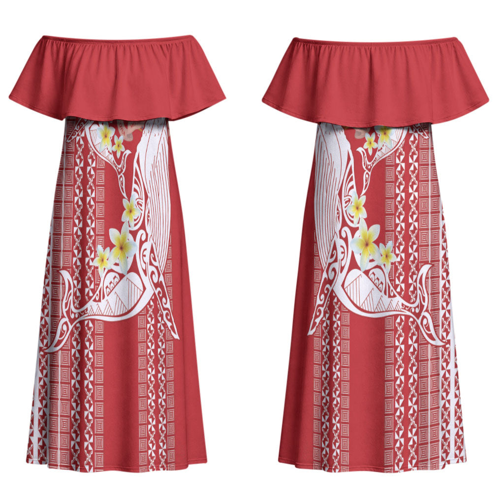 Swimming With Humpback Whales Season Tonga Couples Matching Off Shoulder Maxi Dress and Hawaiian Shirt Tongan Tofuaa Ngatu Pattern Red LT14 - Polynesian Pride
