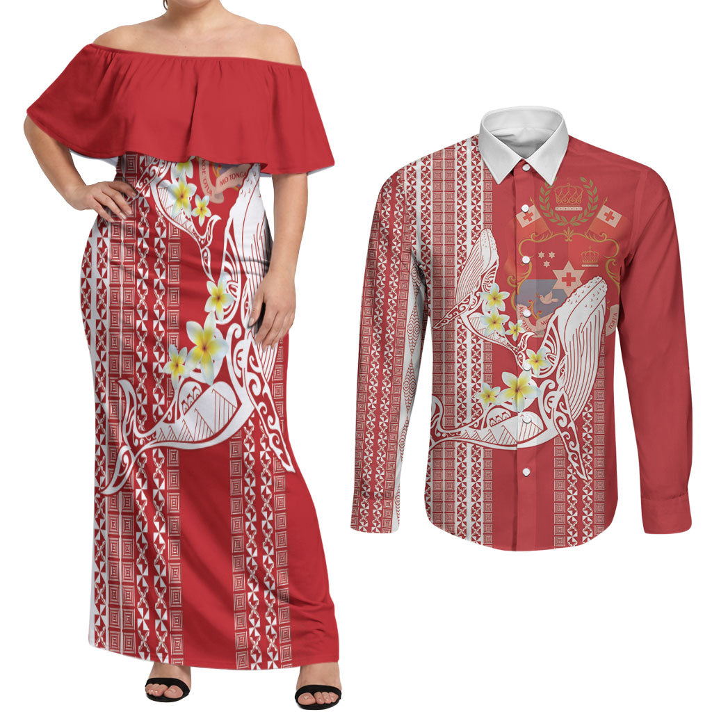 Swimming With Humpback Whales Season Tonga Couples Matching Off Shoulder Maxi Dress and Long Sleeve Button Shirt Tongan Tofuaa Ngatu Pattern Red LT14 Red - Polynesian Pride