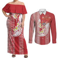Swimming With Humpback Whales Season Tonga Couples Matching Off Shoulder Maxi Dress and Long Sleeve Button Shirt Tongan Tofuaa Ngatu Pattern Red LT14 Red - Polynesian Pride