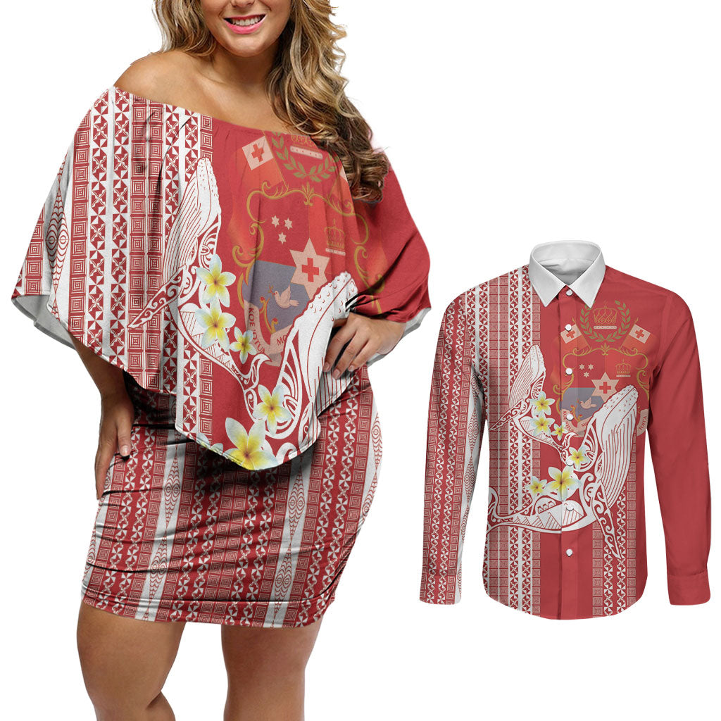 Swimming With Humpback Whales Season Tonga Couples Matching Off Shoulder Short Dress and Long Sleeve Button Shirt Tongan Tofuaa Ngatu Pattern Red LT14 Red - Polynesian Pride