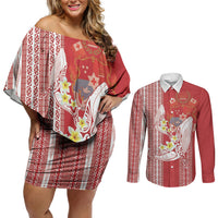 Swimming With Humpback Whales Season Tonga Couples Matching Off Shoulder Short Dress and Long Sleeve Button Shirt Tongan Tofuaa Ngatu Pattern Red LT14 Red - Polynesian Pride