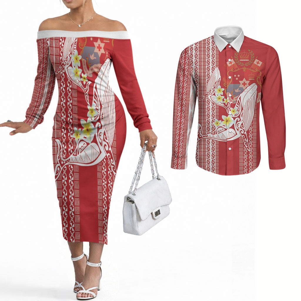 Swimming With Humpback Whales Season Tonga Couples Matching Off The Shoulder Long Sleeve Dress and Long Sleeve Button Shirt Tongan Tofuaa Ngatu Pattern Red LT14 Red - Polynesian Pride