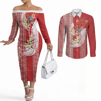 Swimming With Humpback Whales Season Tonga Couples Matching Off The Shoulder Long Sleeve Dress and Long Sleeve Button Shirt Tongan Tofuaa Ngatu Pattern Red LT14 Red - Polynesian Pride