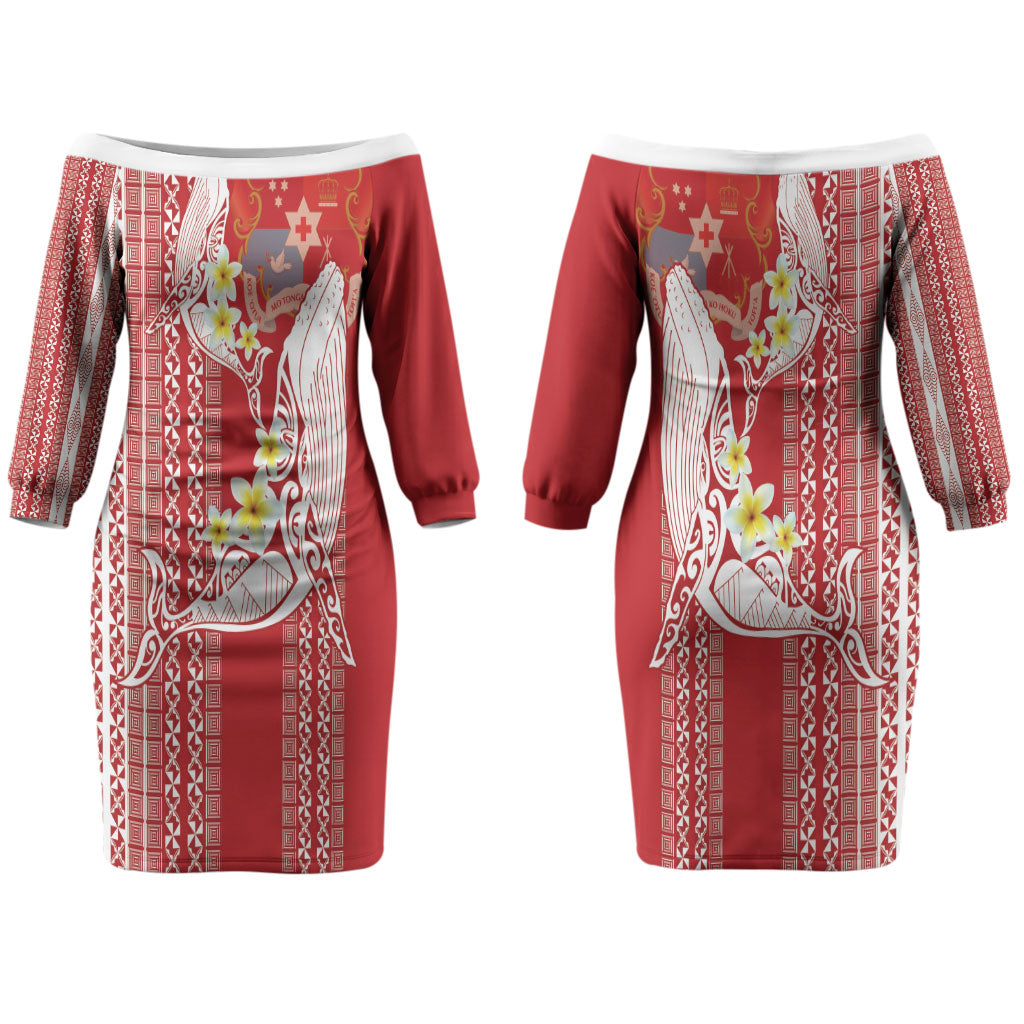 Swimming With Humpback Whales Season Tonga Couples Matching Off The Shoulder Long Sleeve Dress and Long Sleeve Button Shirt Tongan Tofuaa Ngatu Pattern Red LT14 - Polynesian Pride