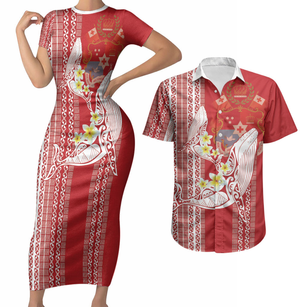Swimming With Humpback Whales Season Tonga Couples Matching Short Sleeve Bodycon Dress and Hawaiian Shirt Tongan Tofuaa Ngatu Pattern Red LT14 Red - Polynesian Pride