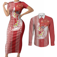 Swimming With Humpback Whales Season Tonga Couples Matching Short Sleeve Bodycon Dress and Long Sleeve Button Shirt Tongan Tofuaa Ngatu Pattern Red LT14 Red - Polynesian Pride