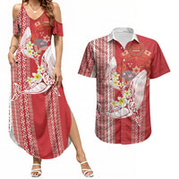 Swimming With Humpback Whales Season Tonga Couples Matching Summer Maxi Dress and Hawaiian Shirt Tongan Tofuaa Ngatu Pattern Red LT14 Red - Polynesian Pride