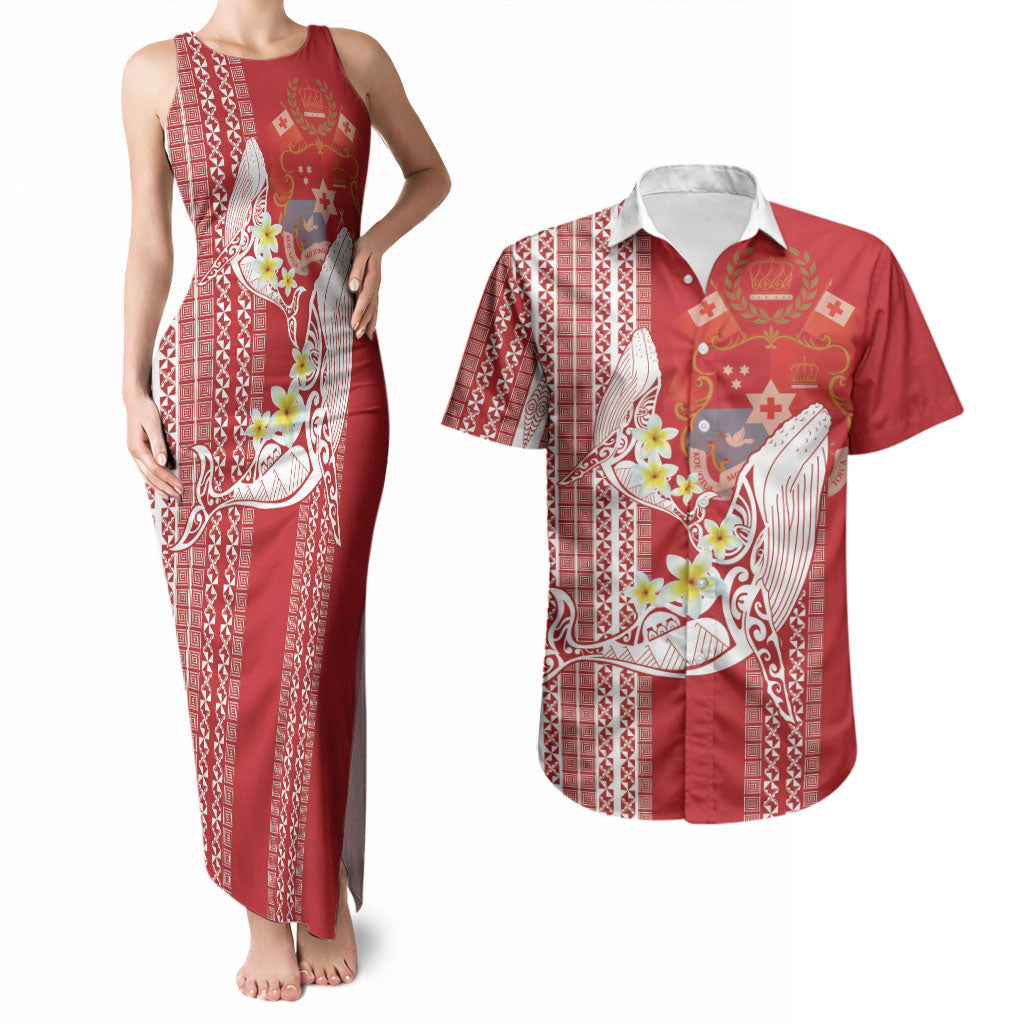 Swimming With Humpback Whales Season Tonga Couples Matching Tank Maxi Dress and Hawaiian Shirt Tongan Tofuaa Ngatu Pattern Red LT14 Red - Polynesian Pride