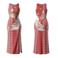 Swimming With Humpback Whales Season Tonga Couples Matching Tank Maxi Dress and Long Sleeve Button Shirt Tongan Tofuaa Ngatu Pattern Red LT14 - Polynesian Pride